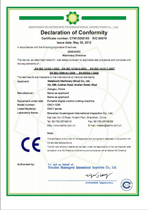 China METALWORK MACHINERY (WUXI) CO.LTD Certificaten