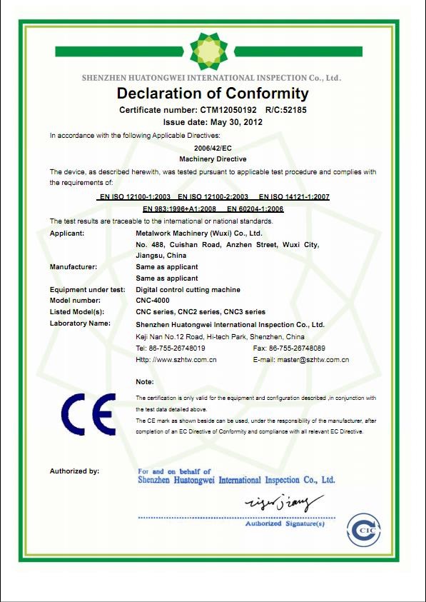 CHINA METALWORK MACHINERY (WUXI) CO.LTD Certificaten